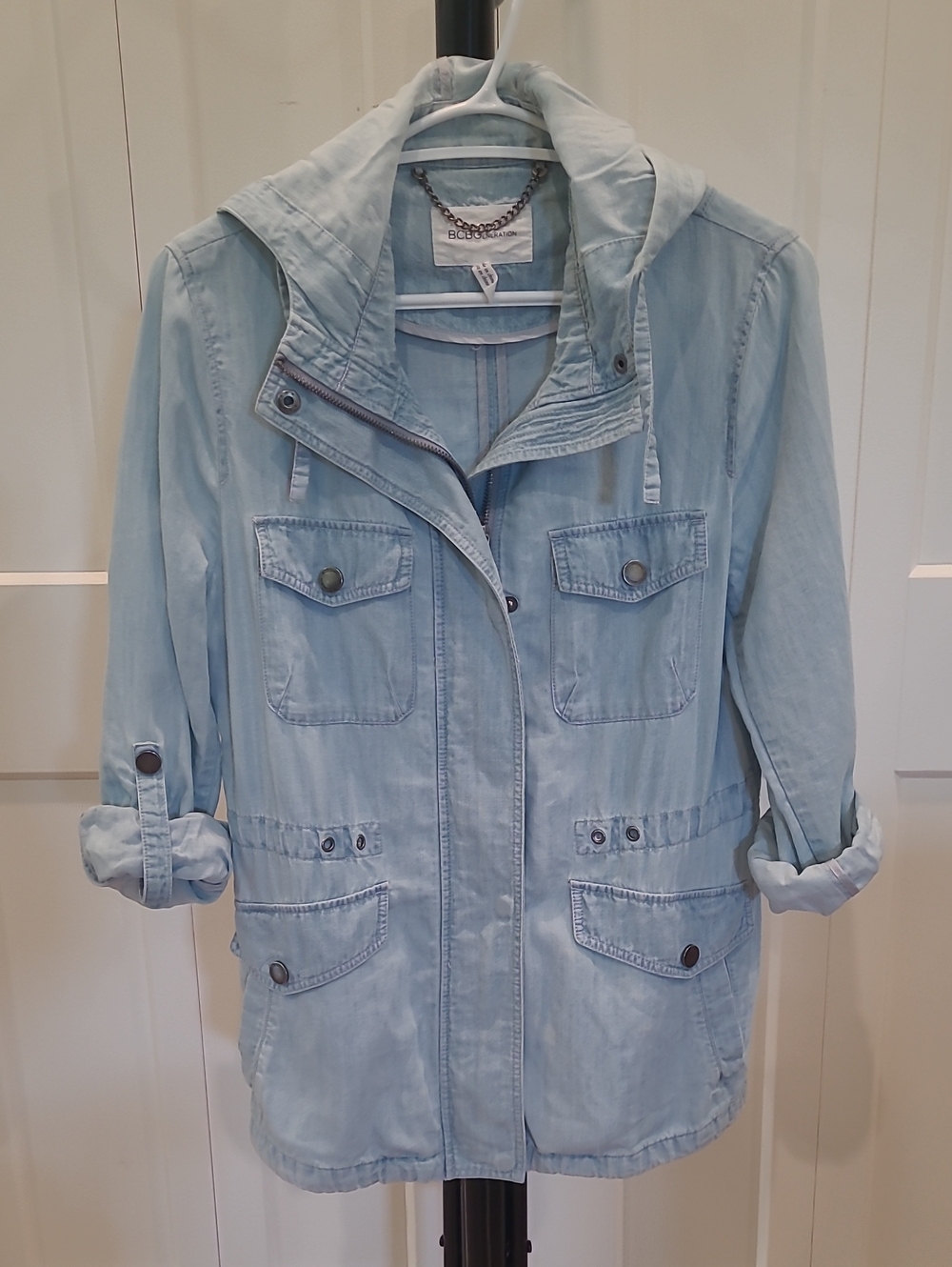 BCBGeneration Light Wash Denim Hooded Utility Jacket